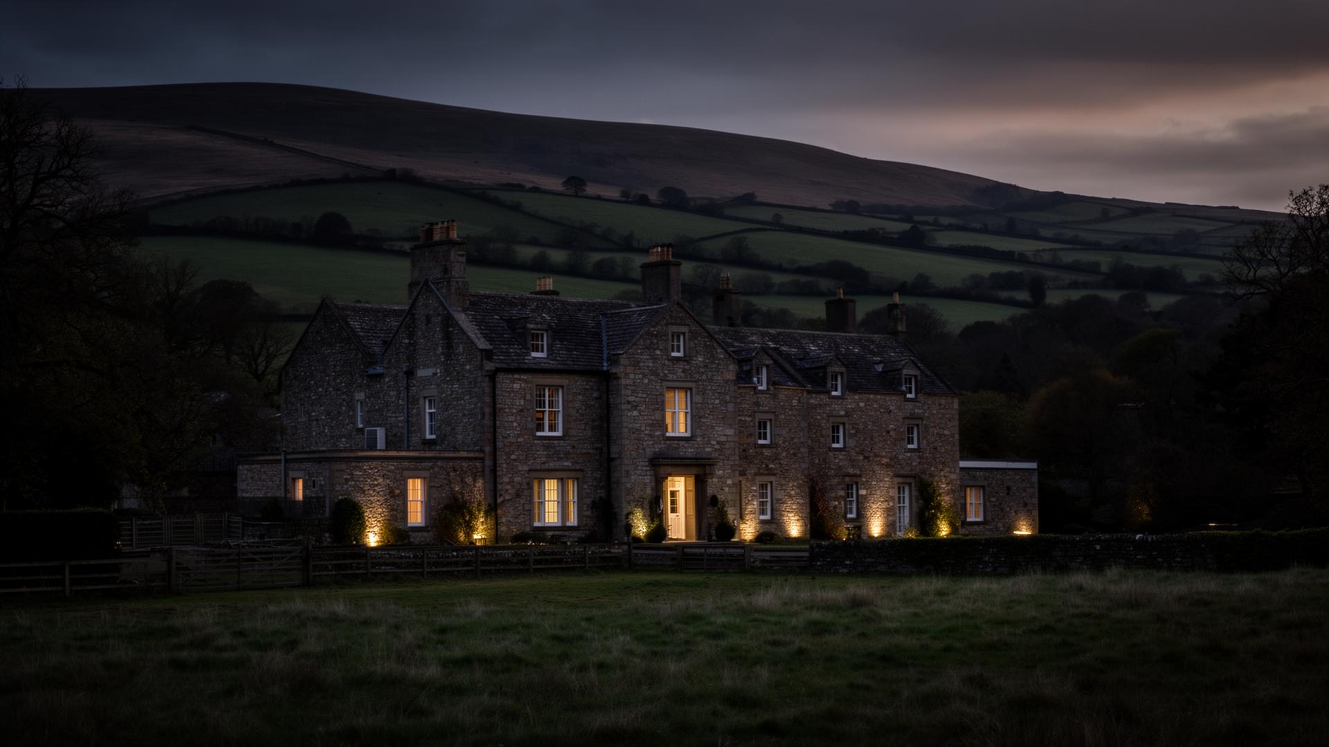 A British country estate at dusk